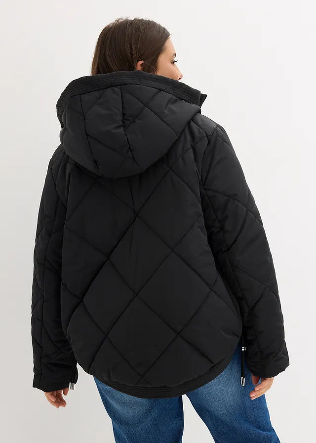 Veste matelassée courte avec doublure contrastante, Couleur: noir/olive foncé