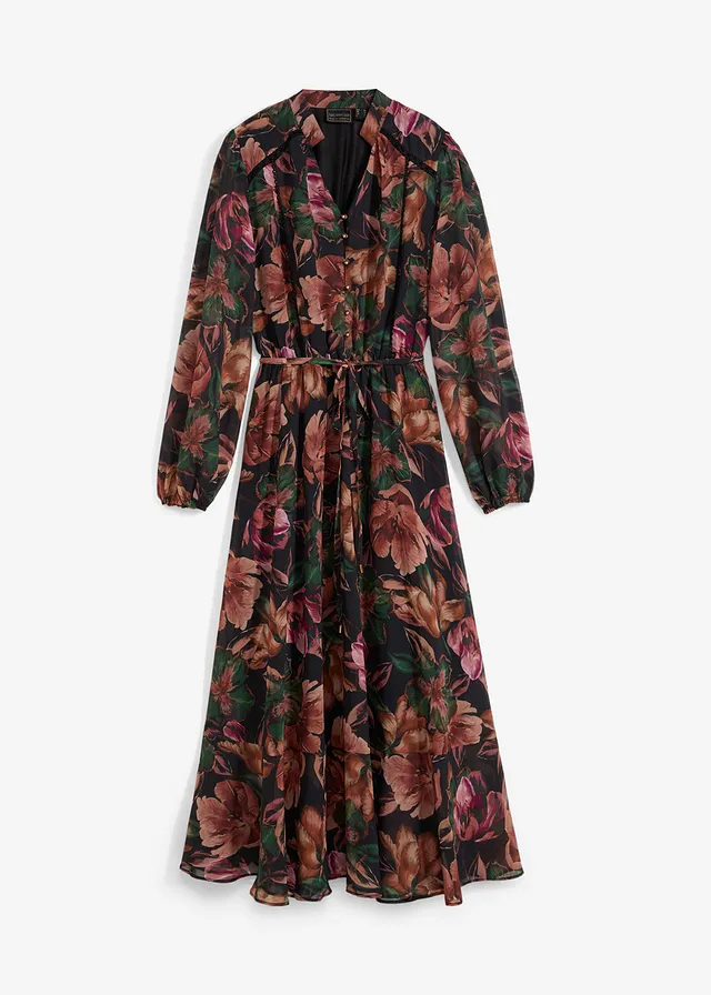Chiffon jurk met print, Kleur: zwart-groen-donkergroen-koperoranje-perzik-zwart-roze-magenta-beige-donkerbruin-roestbruin