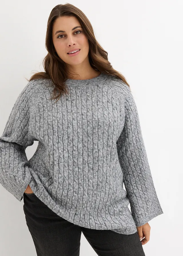 Pull oversize en maille torsadée, Couleur: gris chiné