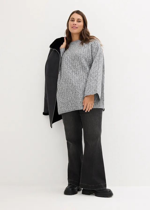 Oversized trui met kabelpatroon, Kleur: grijs gemêleerd