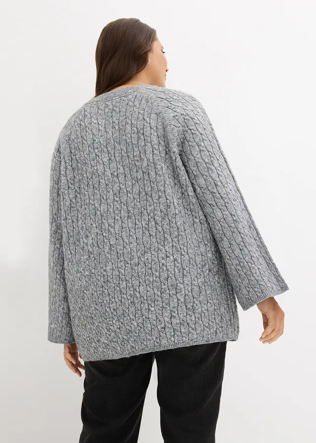 Oversized trui met kabelpatroon, Kleur: grijs gemêleerd