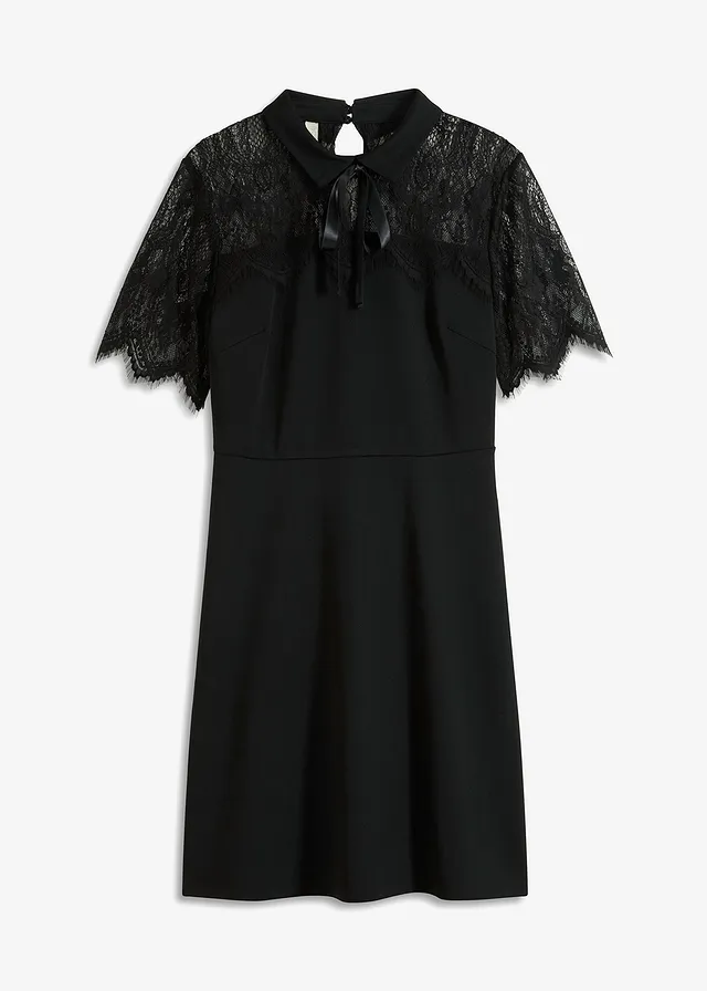 Rochie mini din crep cu inserții din dantelă