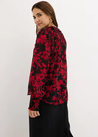 Gesmokt chiffon blouse • zwart-salsarood • bonprix online shop