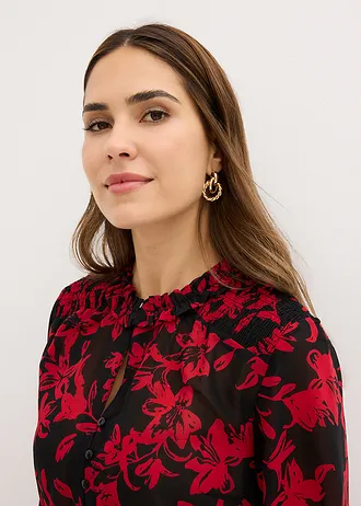 Gesmokt chiffon blouse • zwart-salsarood • bonprix online shop