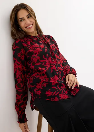 Gesmokt chiffon blouse • zwart-salsarood • bonprix online shop