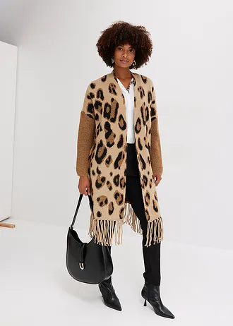 Oversized pletený kabátek • béžovo-hnědo-černá s leopardím potiskem • bonprix obchod