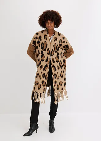 Oversized pletený kabátek • béžovo-hnědo-černá s leopardím potiskem • bonprix obchod
