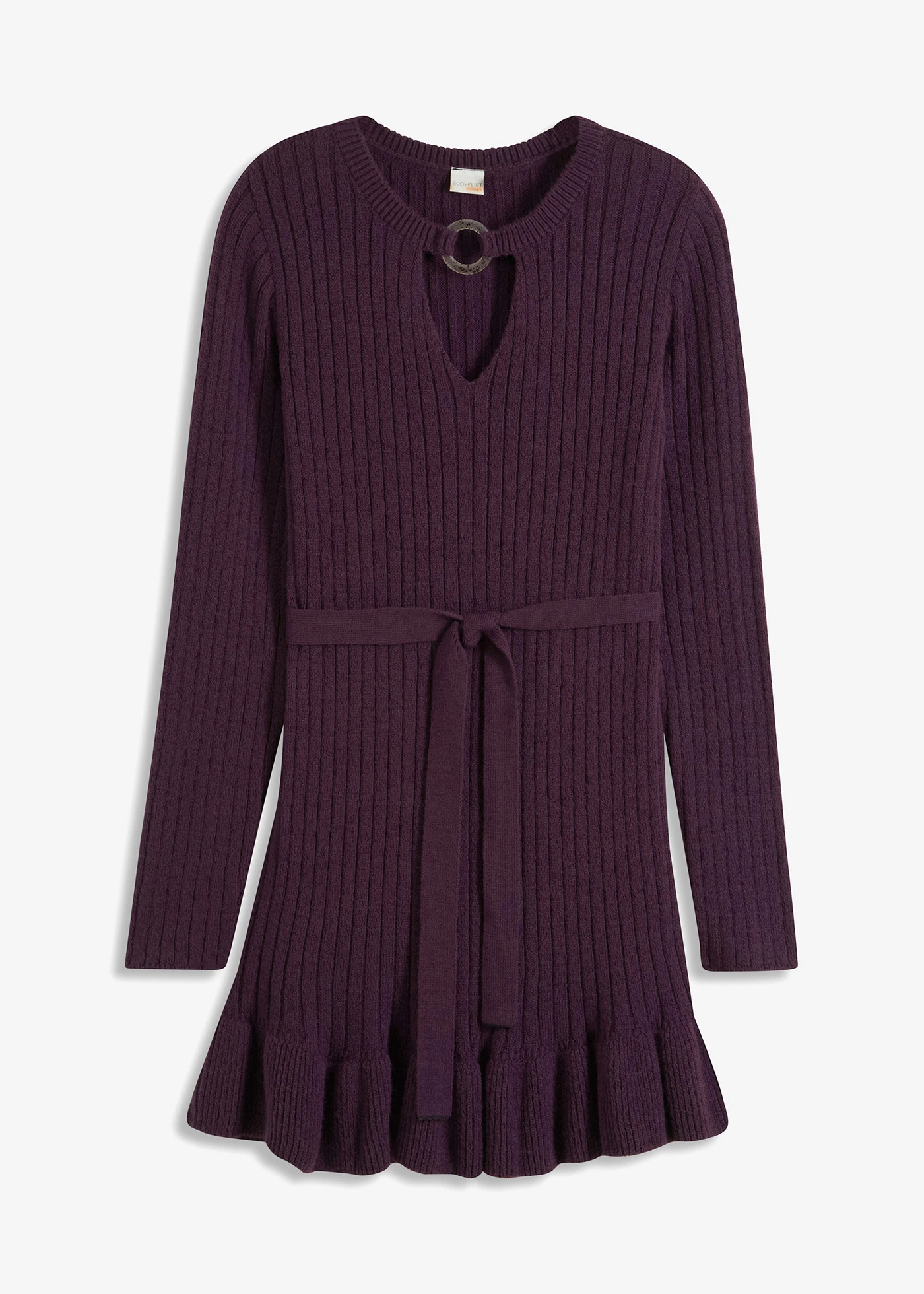Gebreide jurk met geribd patroon en ring • donkerpaars • bonprix online shop