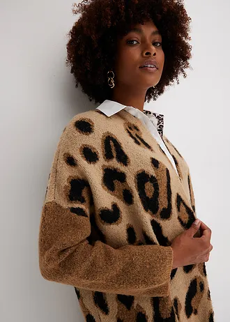 Oversized pletený kabátek • béžovo-hnědo-černá s leopardím potiskem • bonprix obchod