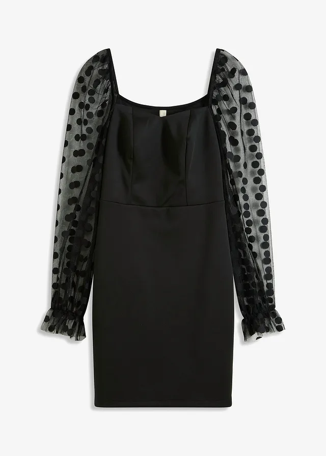 Mini šaty so Scuba materiálu s bodkovanými sieťovanými rukávmi