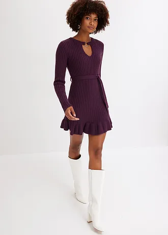Gebreide jurk met geribd patroon en ring • donkerpaars • bonprix online shop