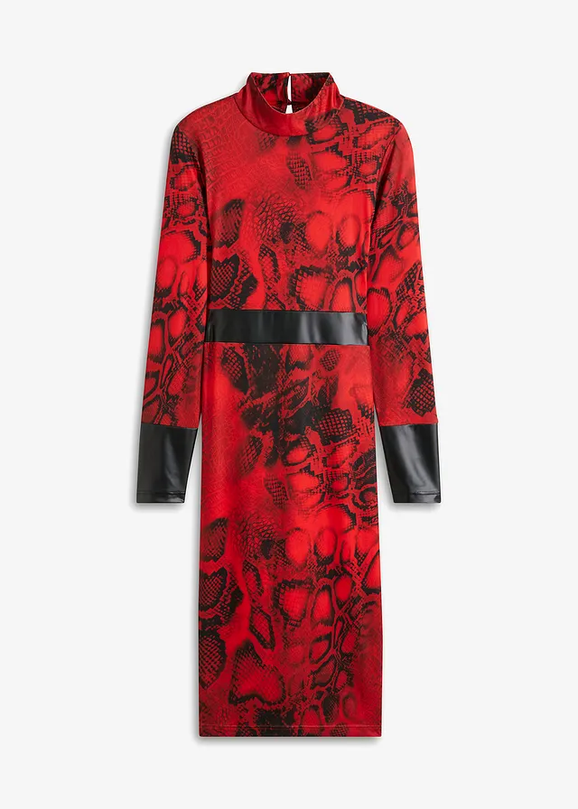 Jersey jurk met imitatieleer • rood-zwart slangenprint • bonprix online shop