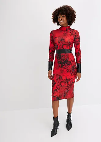 Jersey jurk met imitatieleer • rood-zwart slangenprint • bonprix online shop