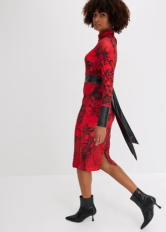 Jersey jurk met imitatieleer • rood-zwart slangenprint • bonprix online shop