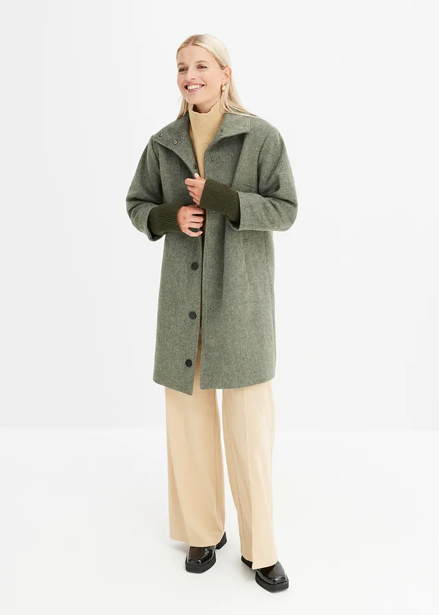 Korte coat in wollen look, Kleur: donkerolijfgroen gemêleerd