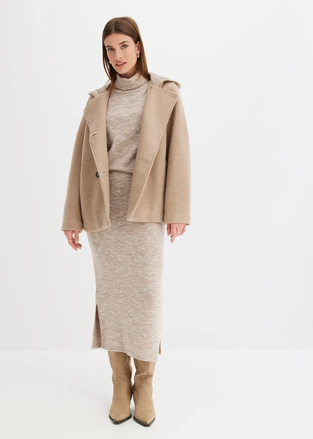Peacoat van zacht bouclé, Kleur: kakibeige
