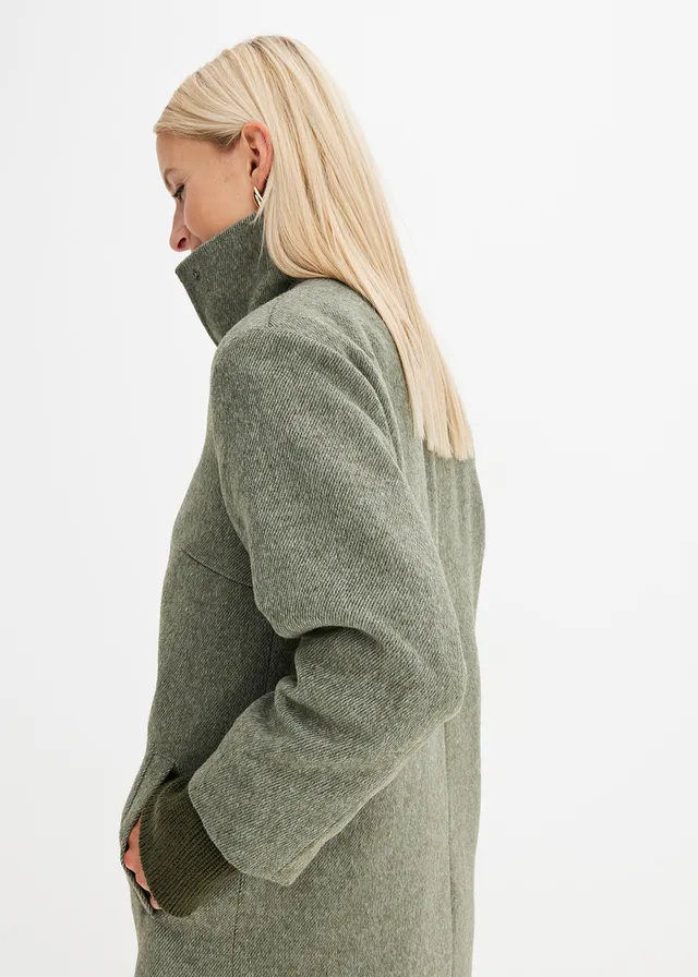 Korte coat in wollen look • donkerolijfgroen gemêleerd • product-page.page-title-suffix
