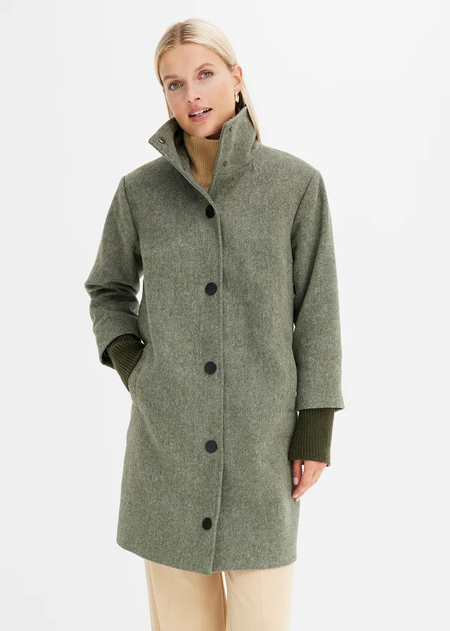 Korte coat in wollen look • donkerolijfgroen gemêleerd • product-page.page-title-suffix