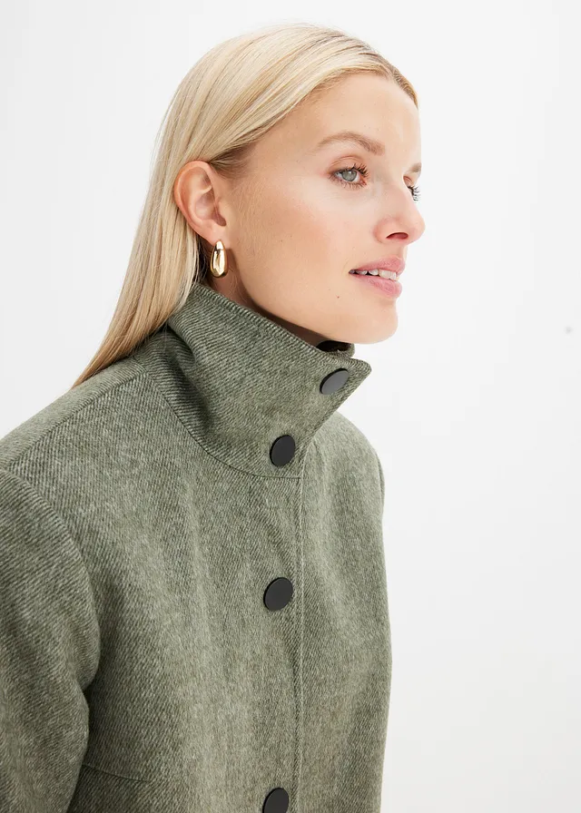 Korte coat in wollen look • donkerolijfgroen gemêleerd • product-page.page-title-suffix