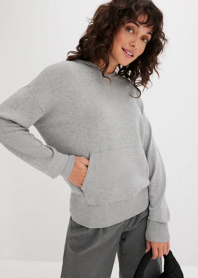 Sweat en maille à capuche et poche kangourou, Couleur: gris clair chiné