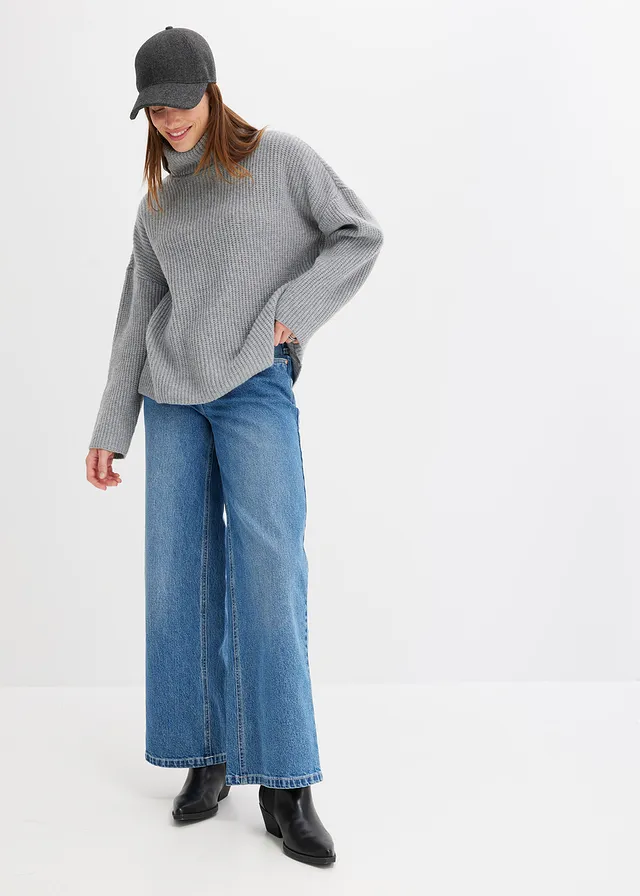 Žebrovaný svetr s rolákovým límcem modrý denim used