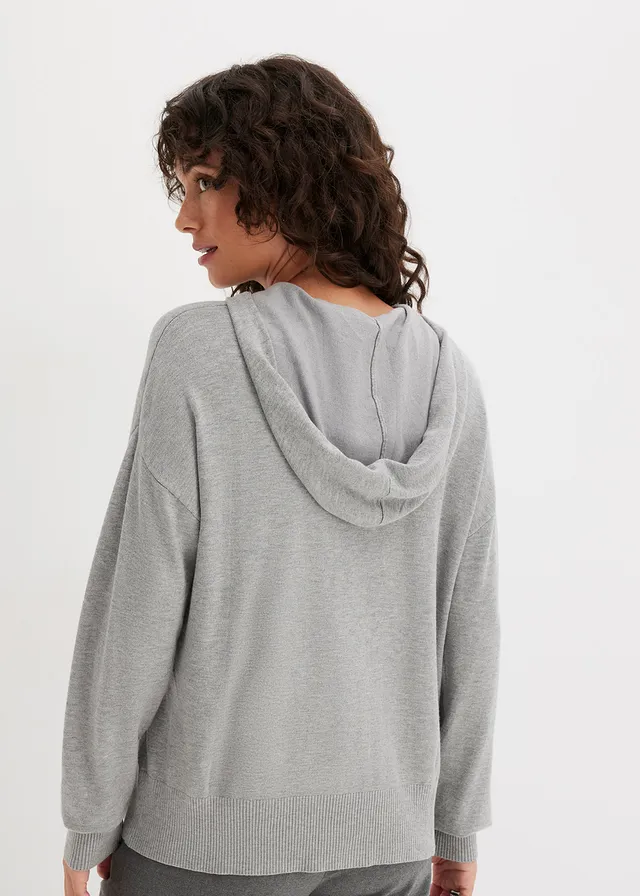 Sweat en maille à capuche et poche kangourou, Couleur: gris clair chiné