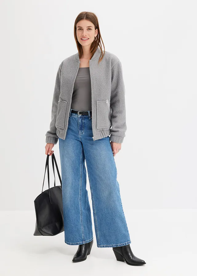 Kurtka bejsbolówka z materiału w optyce wełny i przędzy boucle cienisty szary