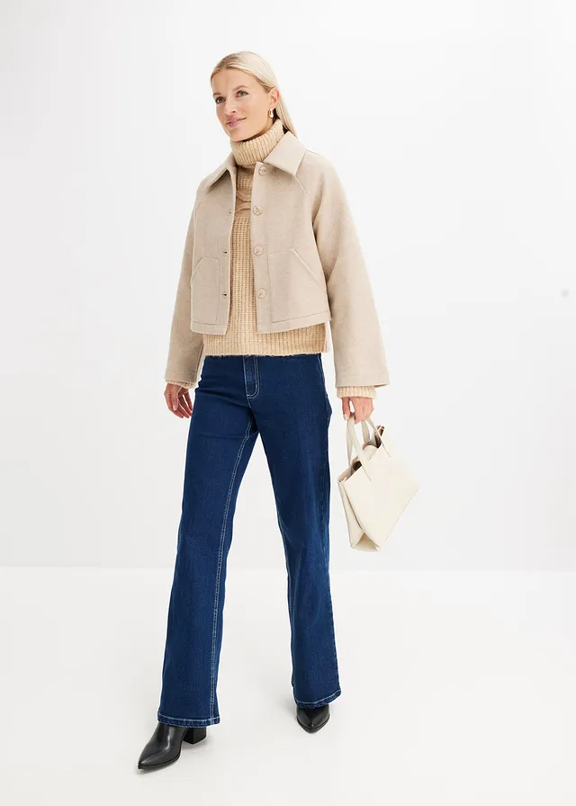 Jean large taille haute, coton, Couleur: bleu nuit denim