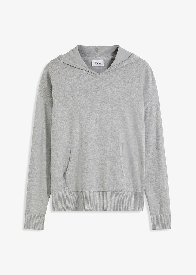 Gebreide hoodie met kangoeroezak van viscosemix, Kleur: lichtgrijs gemêleerd