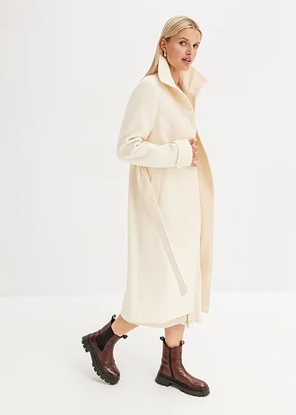 Lange jas in wollen look, Kleur: kiezelbeige