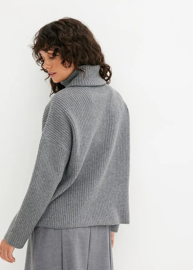 Pull col roulé en maille côtelée, Couleur: gris chiné