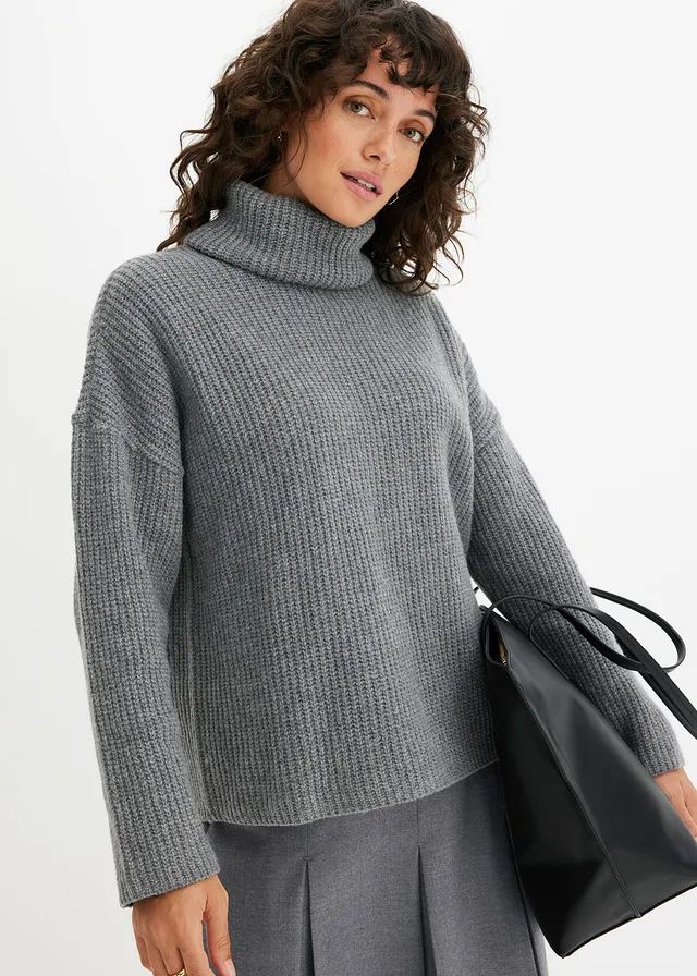 Pulover ripsat cu guler înalt • gri melanj • magazin bonprix