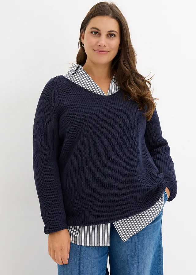 Pull côtelé 100% coton, Couleur: bleu foncé