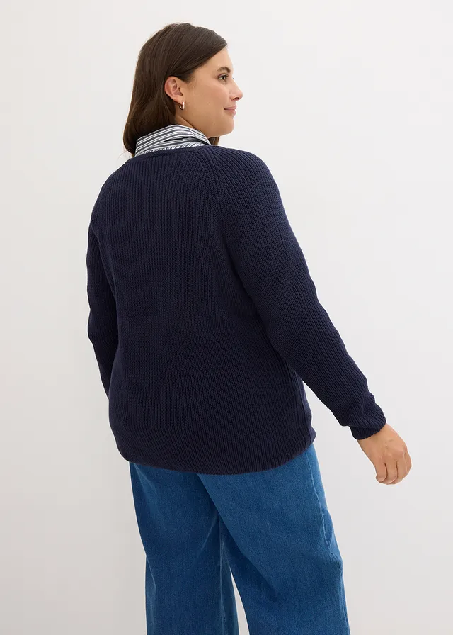 Pull côtelé 100% coton, Couleur: bleu foncé