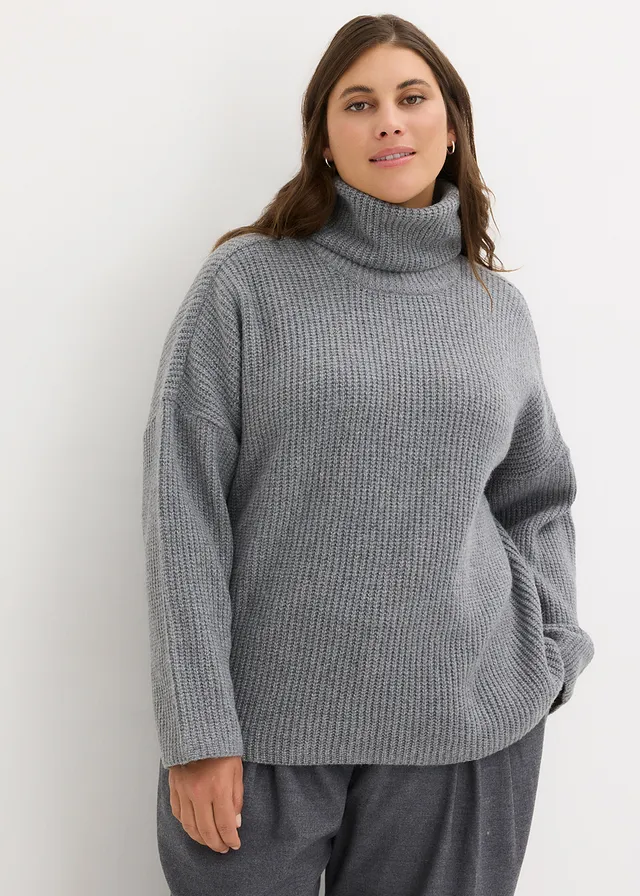 Pull col roulé en maille côtelée, Couleur: gris chiné