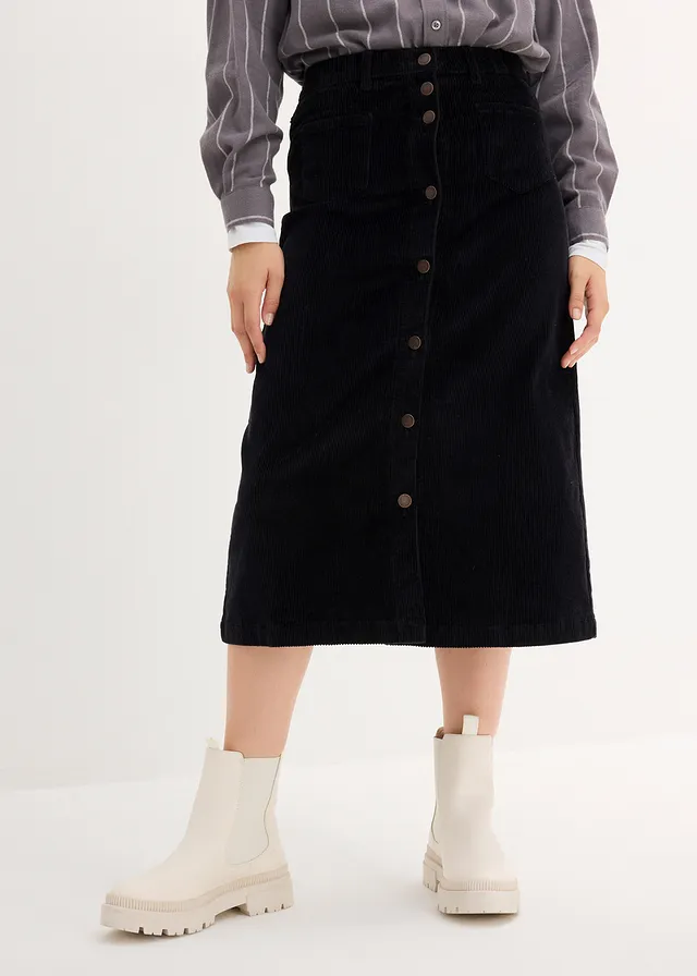 Jupe midi extensible en velours côtelé avec patte de boutonnage, Couleur: noir
