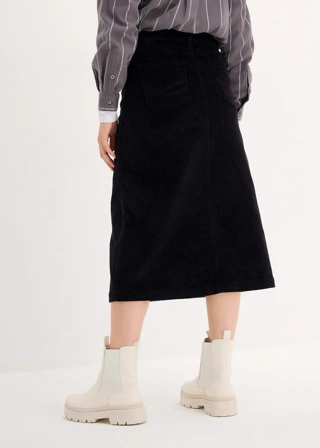 Jupe midi extensible en velours côtelé avec patte de boutonnage, Couleur: noir