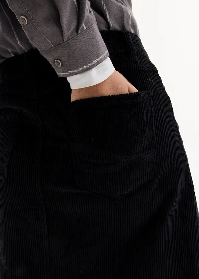 Stretch corduroy midi rok met knoopsluiting • zwart • product-page.page-title-suffix