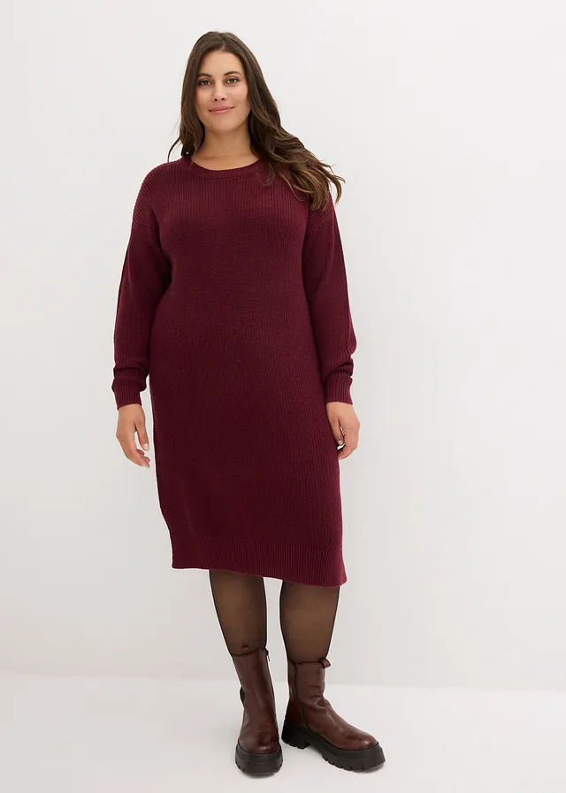Robe oversize en maille côtelée, Couleur: prune foncé