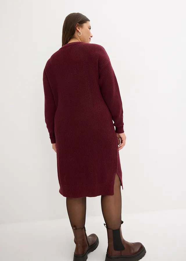 Oversized, ribgebreide jurk, Kleur: donkerbessen