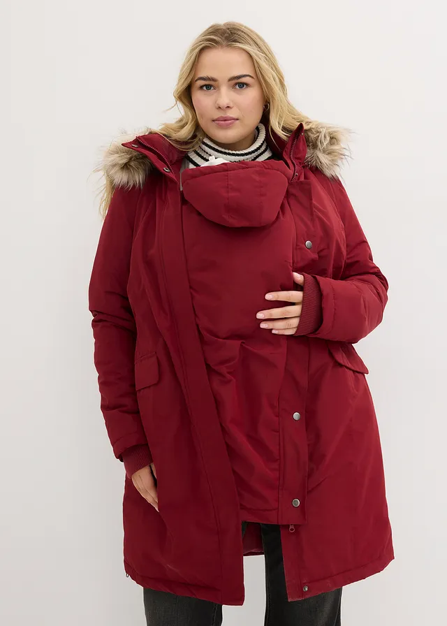 Manteau de grossesse 3-en-1 coupe-vent et imperméable avec fonction portage, Couleur: rouge rubis