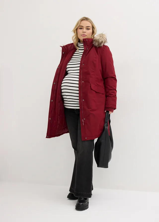 Manteau de grossesse 3-en-1 coupe-vent et imperméable avec fonction portage, Couleur: rouge rubis