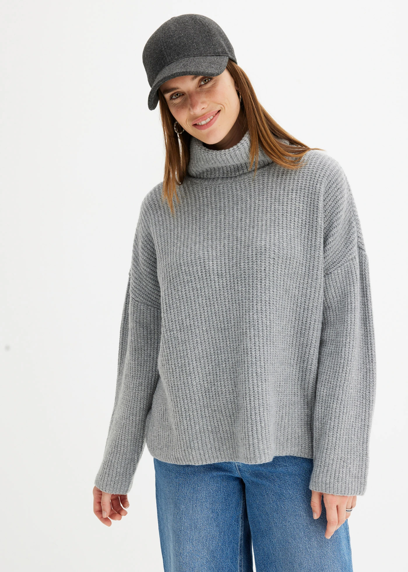Pull col roulé en maille côtelée • gris clair chiné • Boutique bonprix