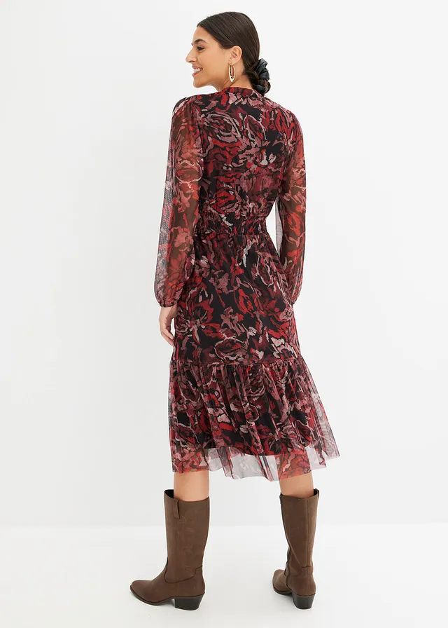 Gedessineerde midi jurk van mesh, Kleur: zwart-rood gedessineerd