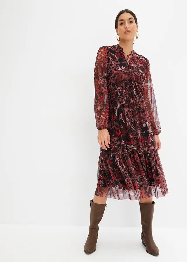 Gedessineerde midi jurk van mesh, Kleur: zwart-rood gedessineerd