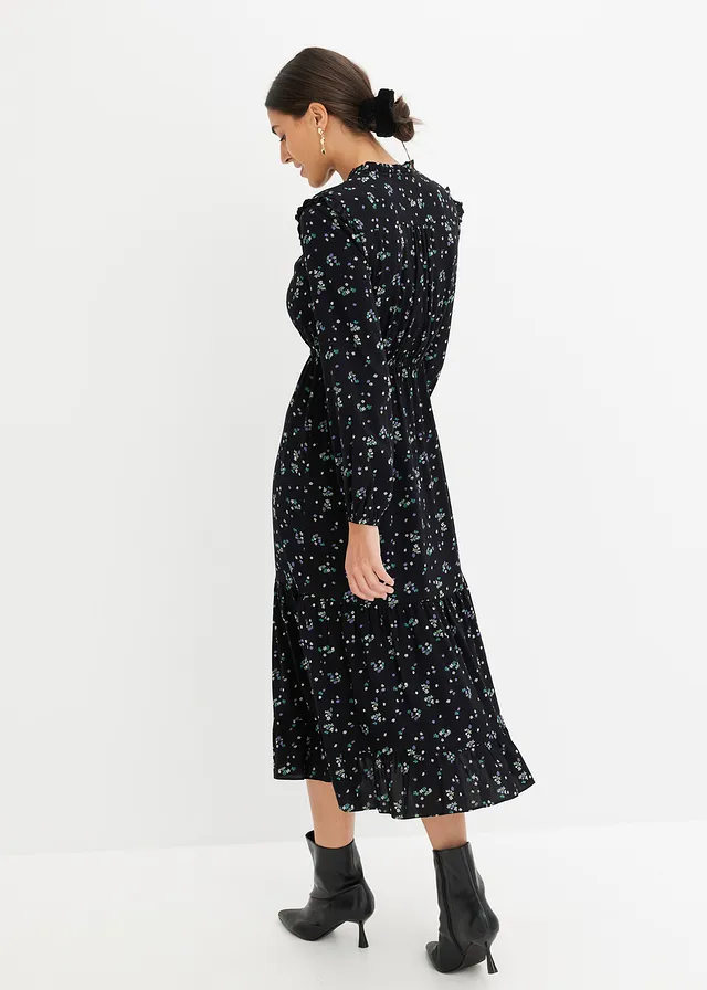 Robe midi 100% viscose, Couleur: noir floral