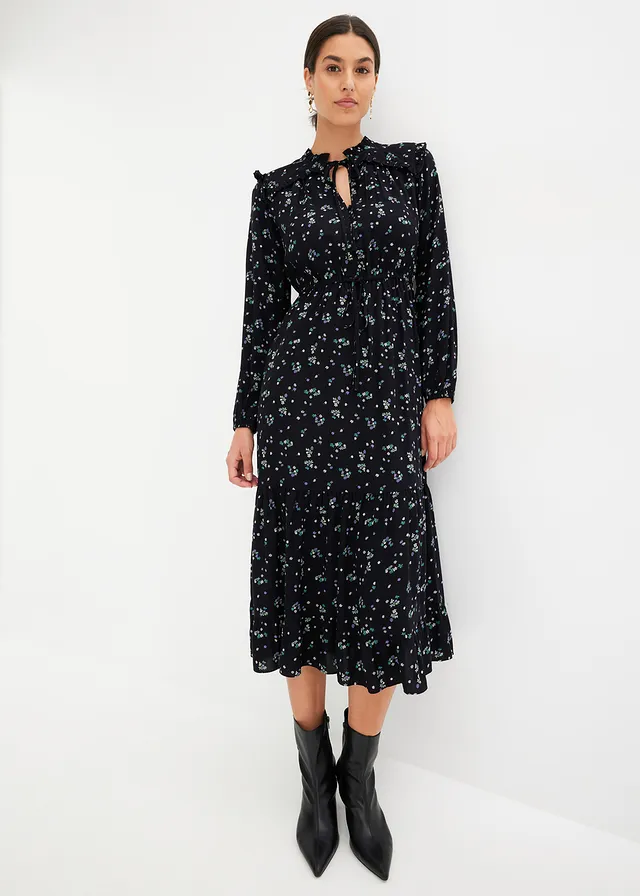 Robe midi 100% viscose, Couleur: noir floral