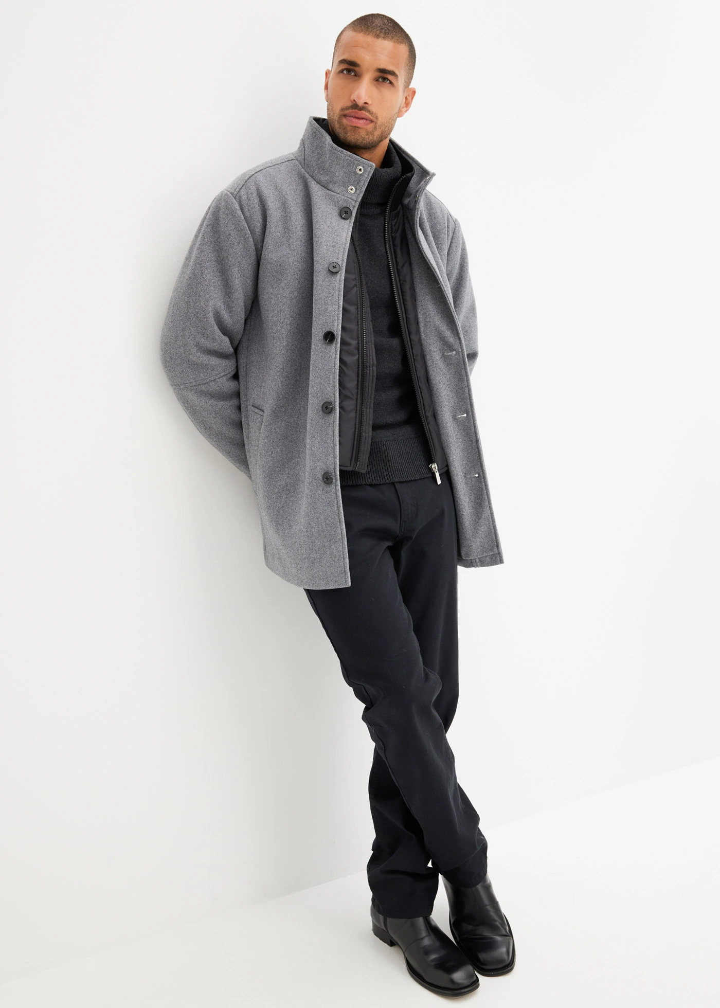 Veste d’hiver aspect laine avec empiècement coupe-vent • gris foncé chiné • Boutique bonprix