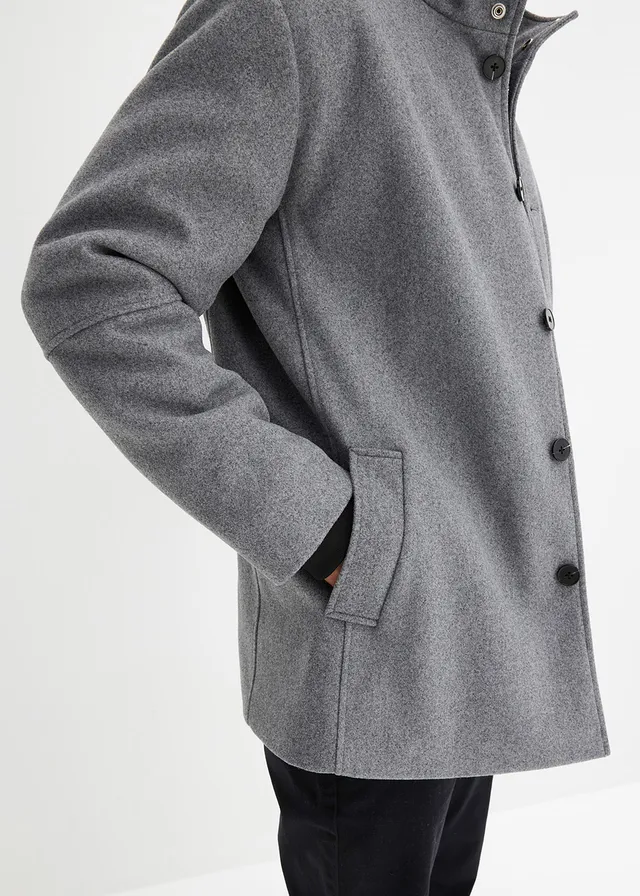 Winterjas met windvanger in wollen look • donkergrijs mêlee • product-page.page-title-suffix