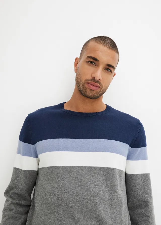 Pull en fine maille 100% coton • bleu foncé/gris chiné rayé • product-page.page-title-suffix